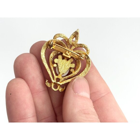 Gold Toned Textured Abstract Art Nouveau Inspired & Pearl Vintage Brooch - Picture 5 of 9